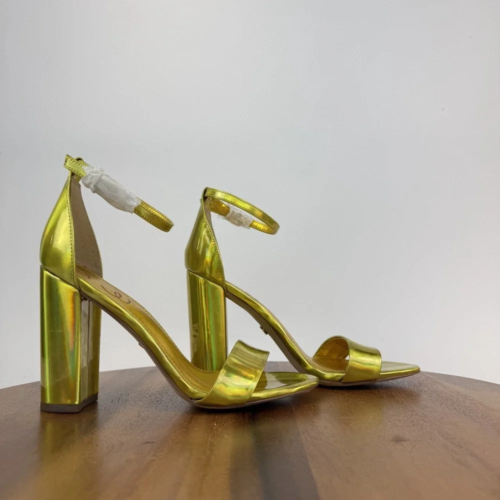 New Womens Sam Edelman Yaro Yellow Iridescent Block Heels Sandals‎ Size 7 M NWOB